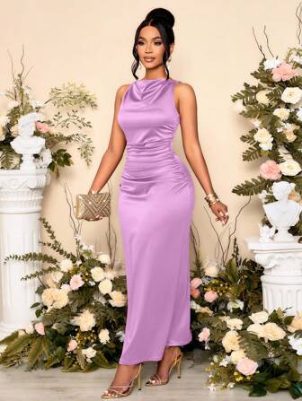SOLERSUN Damen elegantes einfarbiges Partykleid mit Drapierung am Ausschnitt und gerafften Ärmellosen, perfekt für Bankette