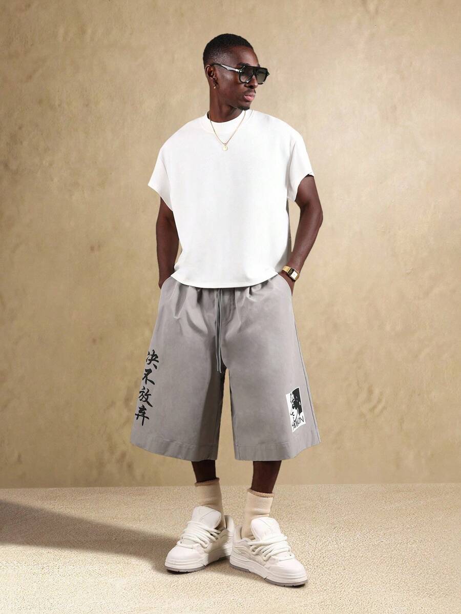 Quần short jogger ống rộng dáng suông SUMWON phong cách đường phố, cạp chun, họa tiết Nhật Bản, thời trang đường phố, lễ hội, thường ngày. - Màu Xám nhạt - Xem 1