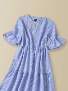 Rusticease 女士度假休闲格子镂空领长裙 - 藍白色 - 查看 3