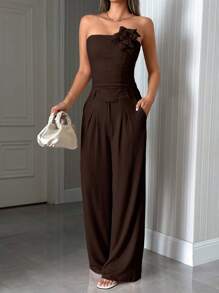 EURMUSE OFF SHOULDER 3D ROSE TOP & MID WAIST PLEATED STRAIGHT LONG LEG PANT - Brown - View 5