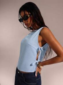 SHEIN Forever 21 女式无袖纯色圆领休闲系带侧衬衫，夏季 - 藍色 - 查看 4