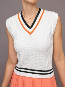 Activina Women's Casual V-Neck Contrast Striped Binding Wide Hem Loose Fit Sports Knit Vest - Multicolor - View 4