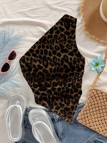 Soleia Beachside Style Leopard Print Asymmetrical Hem Twist Bandeau Top For Women, Suitable Summer And Seaside Animal One Shoulder Cheetah - Multicolor - View 5
