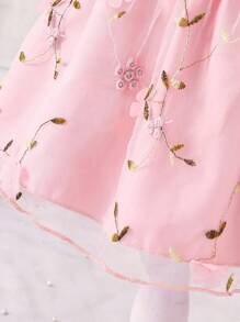 Glamorique Kids Conjunto de Camisole de Malha Franzida e Saia Tule de Bordado 3D para Meninas Jovens - Rosa chiclete - Visão 6