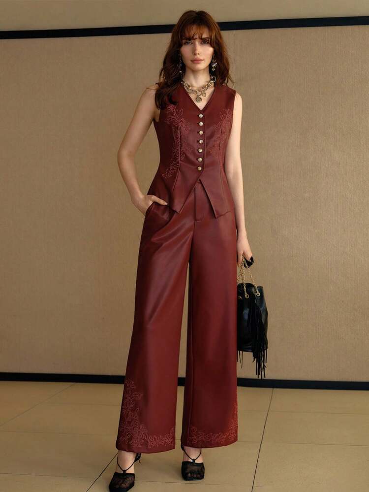 DELICATE EVERYDAY HOLLOW EMBROIDERY VACATION LEATHER PANTS