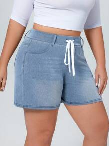 Flexra Shorts de mezclilla elástica de punto de tela suave de color azul claro casuales y de vacaciones para mujer de talla grande
