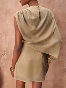 Zivah 2025 秋冬新款锈棕色网眼透视不对称袖迷你连衣裙，适合复活节、音乐节、日常穿着、派对、圣诞节、情人节、约会、海滩、邮轮、狂欢节 - 卡其色 - 查看 2