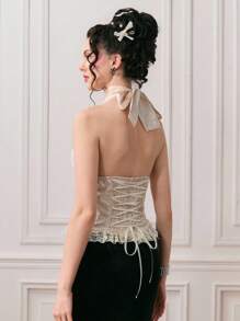 ROMWE EDITION Top de mujer con tejido jacquard vintage con decoración de perlas