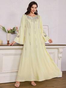Al Najma Women's Elegant Glitter Embroidered Long Robe Kaftan Jalabiya Dress - Yellow - View 3