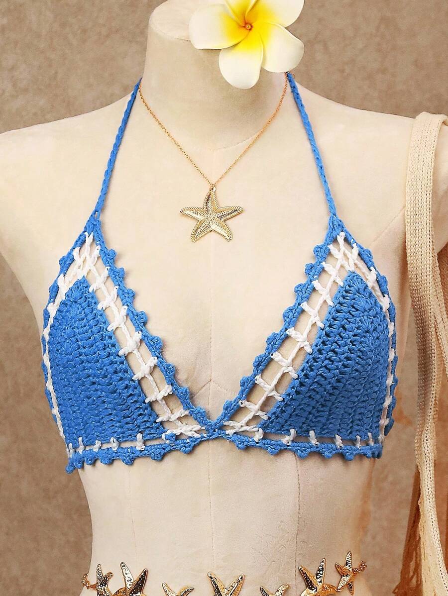 SHEIN Swim 2件套时尚手工钩针露背沙滩度假比基尼罩衫套装 - 藍白色 - 查看 1