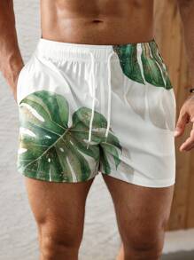 Manfinity KASUA 男式热带植物印花抽绳腰袋沙滩短裤 - 綠色 - 查看 4