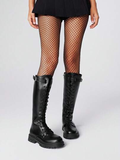 Goth Women's Black Rock Punk Goth Boots With Belt Buckle, Thick Sole Motorcycle Tall Boots, Leather Tall Mid-Calf Boots For Parties All Year Round, Halloween