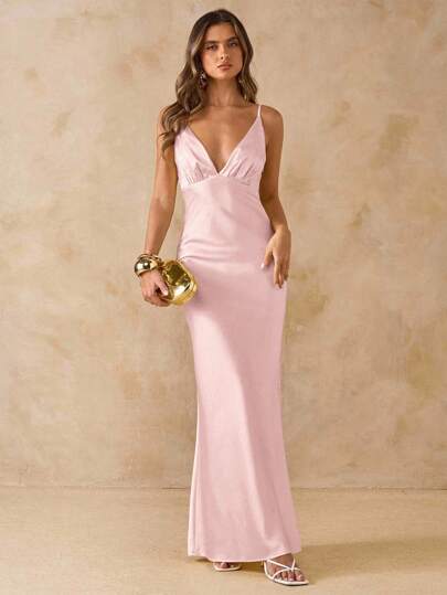 SHEIN BAE Ärmlös damklänning med djup V-ringning och rygglös satin, gul, lämplig för semester, fest, födelsedag, brunch, brudtärna, bröllopsgäst, elegant