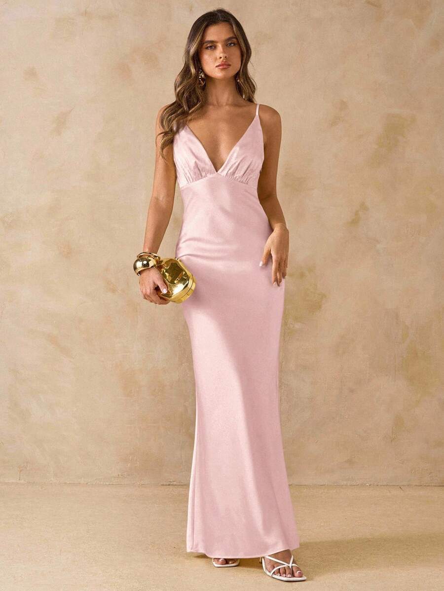 SHEIN BAE 女式无袖深V领露背缎面长裙，黄色，适合度假、派对、生日、早午餐、伴娘、婚礼嘉宾，优雅 - 珊瑚粉 - 查看 1
