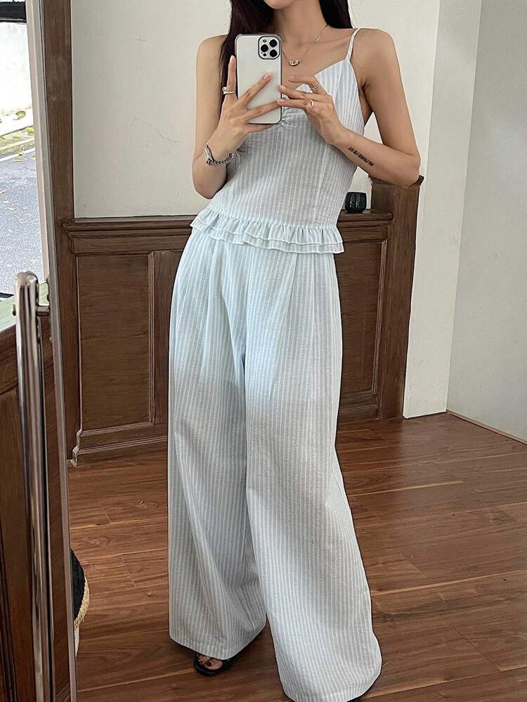 2 Pieces Set Women Summer Casual Spaghetti Strap Sleeveless Top And Pants