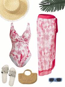 Swim Oasis 2pcs/Set Plus Size Random Print Camisole One Piece Swimsuit For Summer Beach Vacation - Red - View 1