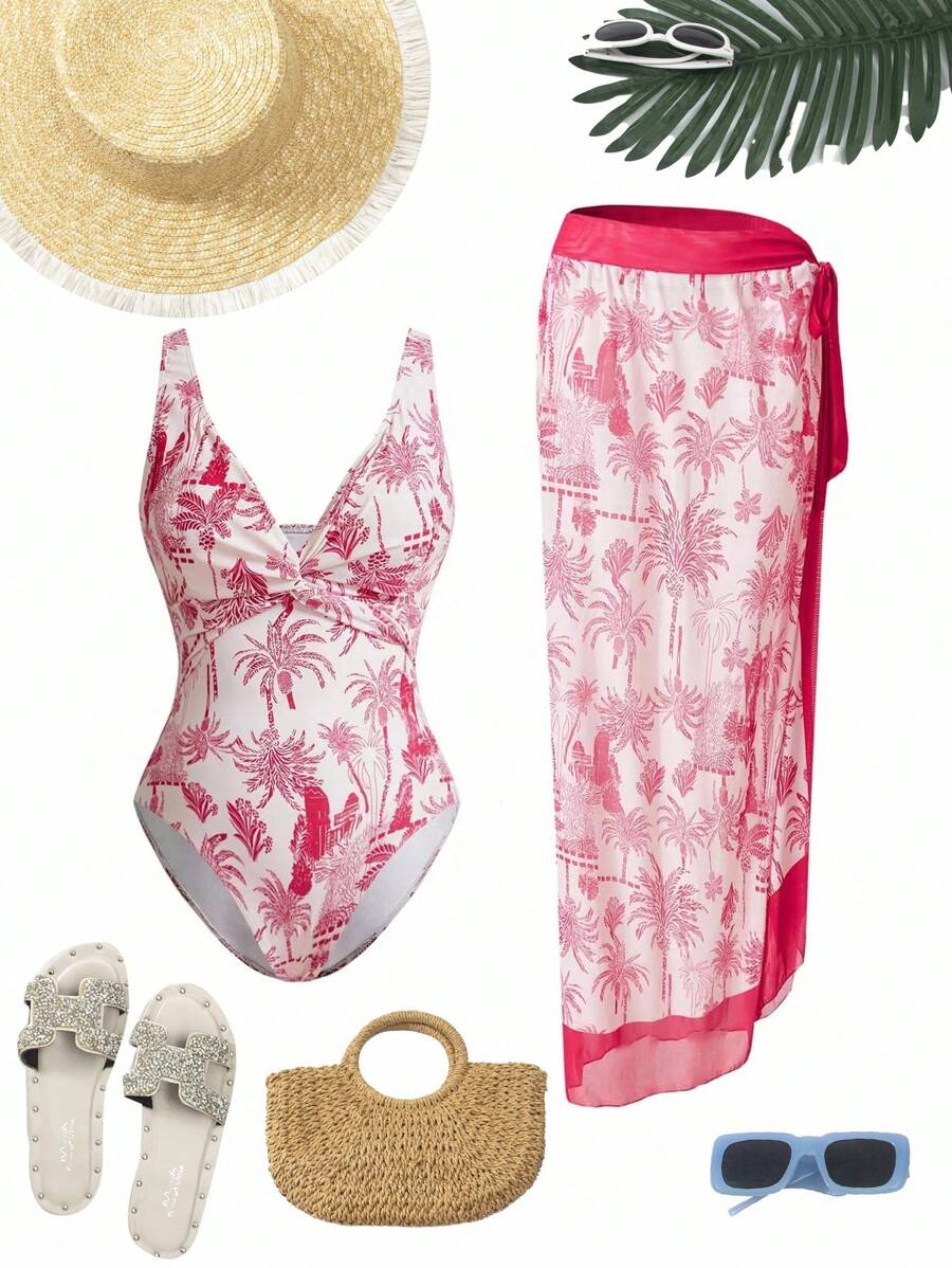 Swim Oasis 2pcs/Set Plus Size Random Print Camisole One Piece Swimsuit For Summer Beach Vacation - Red - View 1