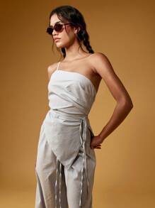 MISSGUIDED Elegant Striped One Shoulder Wrap Co-Ord Wide Leg Jumpsuit Resort Wear Summer Vacation Beach Party Evening Occasion Wear Contemporary Design
