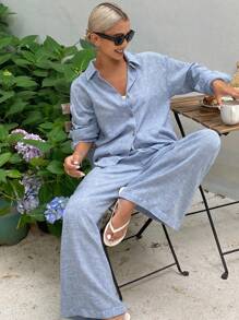 DAZY 2pcs Women Casual Solid Drop Shoulder Long Sleeve Shirt And Pants Set Lounge Sets For Women Vacation Outfits Women - Blue - View 1