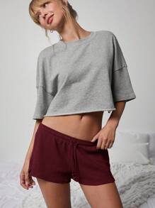 WESTFADE Cute Mid Rise Tie Front Textured Knit Lounge Shorts - Purple - View 5
