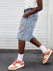 ROMWE MEN Street Life Quần short denim họa tiết thiên thần thường ngày mùa hè cho nam có cạp đôi - màu đen - Xem 4