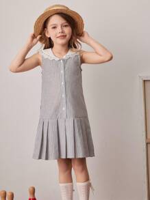 PrepCrw Young Girls Preppy Style Black & White Striped Patchwork Collar Front Button Sleeveless Dress Girls School Uniform School Tops Teen Girl Clothes For School Cute Tops For School Uniform School For Girls Back To School Outfits Girls Back To School Outfit First Day Of School Outfits - Black and White - View 1