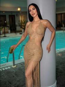 Carolina Barros Summer Beach Cut Out Fringe Hem Crochet Halter Neck Backless Cover Up Dress