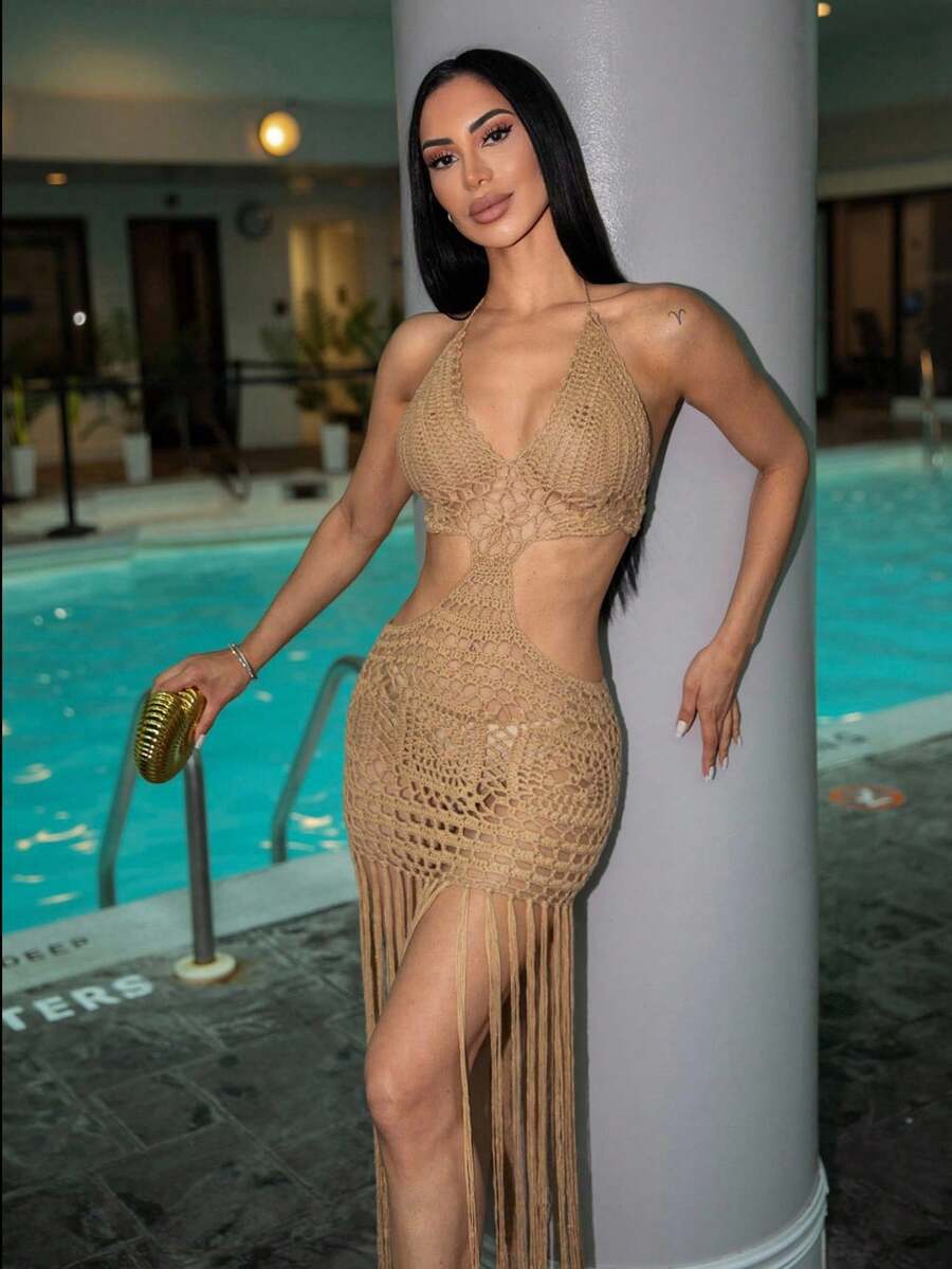 Carolina Barros Summer Beach Cut Out Fringe Hem Crochet Halter Neck Backless Cover Up Dress
