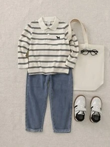 Playful Pals 2pcs/Set Toddler Boys Casual Fashion Embroidery Stripe Print Collar Sweatshirt And Denim Pants Outfit, Suitable For Autumn/Winter, Sporty, Comfortable, College Style For Photo Shoot And Party Fall