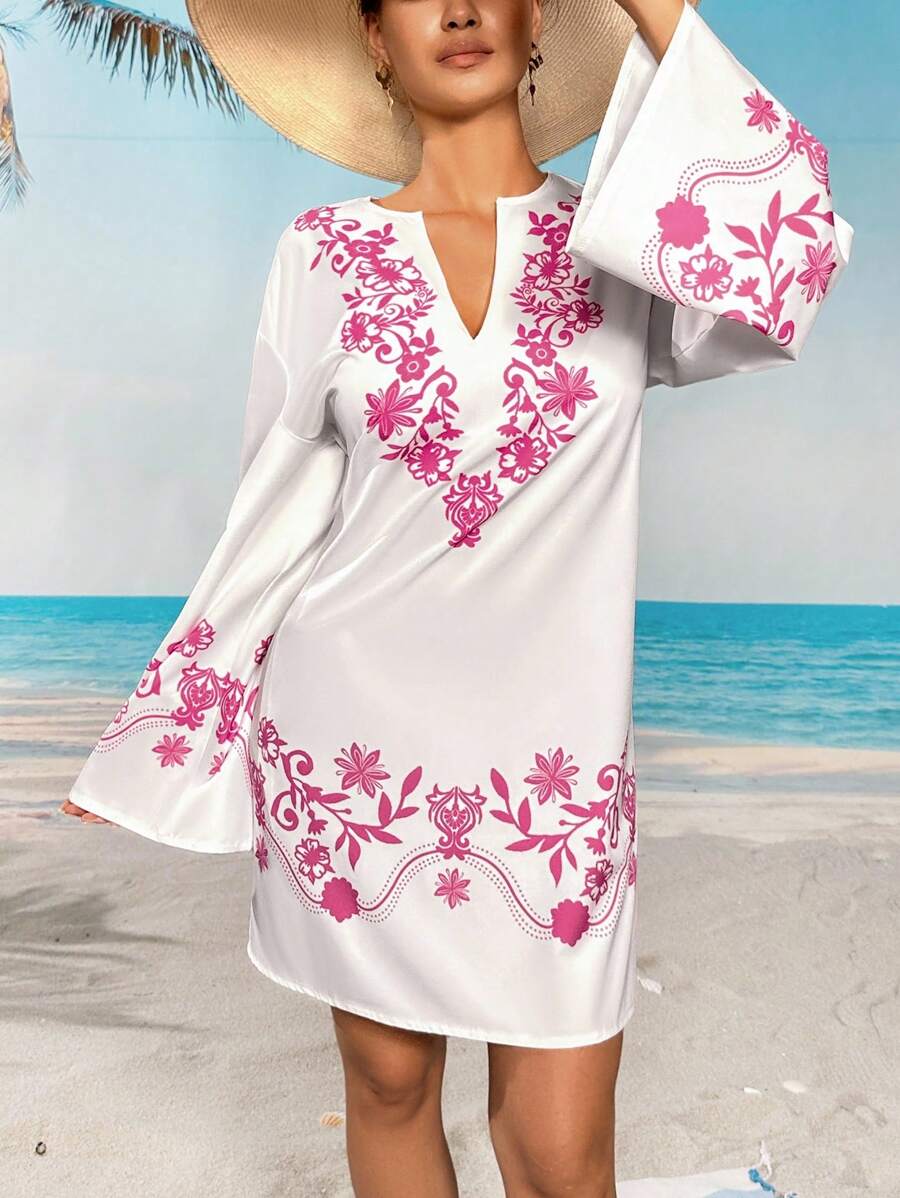 Swim Lushoire Plus Size Women's All-Over Print Notched Neck Long Sleeve Casual Vacation Maxi Dress Swimsuit Cover Up For Summer - Multicolor - View 1