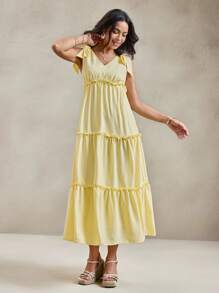 SHEIN LUNE 返校节礼服 端庄连衣裙 老钱乡村音乐会服装 外出礼服 商务休闲女装 女士优雅纯色荷叶边无袖黄色连衣裙，夏季 - Butter Yellow - 查看 3
