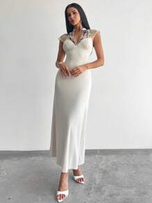 Firerie Robe longue évasée élégante et raffinée, romantique, mode, pour rendez-vous, soirée, vacances, 2 en 1, broderie, maille transparente, col V, taille haute, ourlet parapluie, abricot, robe de graduation - Nude - Voir 4