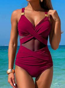Swim Lushoire Women's Sexy Solid Color Crossover Mesh Insert One Piece Swimsuit, Casual Beach Holiday For Summer Beach Vacation