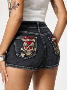 ROMWE Grunge Punk Shorts vaqueros casuales y versátiles con bolsillos para damas - Azul - Ver 4