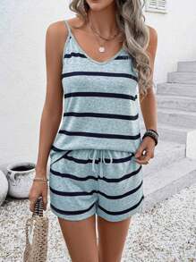 EMERY ROSE 2pcs/Set Women Casual Striped Camisole Top & Shorts Set, Summer