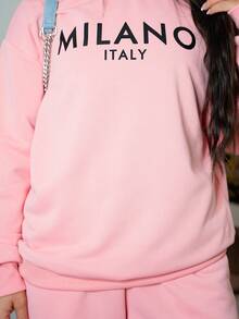 SAYEHFBABY 2 peças MILANO Slogan Print Loose Fit Gola Redonda Manga Longa Moletom Terno Para Mulheres, Adequado Para Primavera E Outono