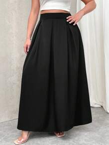 Firerie Plus Size Women's High Waist Grey Maxi Pleated A-Line Skirt With Pockets And Elastic Waistband, Back To School