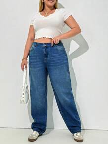 SHEIN Cottnline 100%Cotton Plus High Waist Straight Leg Jeans - Dark Wash - View 3
