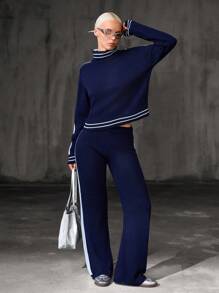 CasuGlow Women Stripe Hem Detailed High Neck Drop Shoulder Pullover & Sweater Pants Set Back To School Y2k Fall Women Clothes,Petite Co Ord,Co Ord,Petite - Navy Blue - View 5