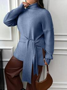 SHEIN Cottnline Plus Turtle-Neck Tie-Up Detailed Sweater With Rib Knit Detailed - Blue - View 1
