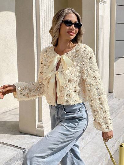 Serisse Women's Fashionable Apricot Beaded Knot Detail Long Sleeve Jacket, Sequin Top, Tie Front Top Jacket, Fuzzy Jacket , Feather Sequined Jacket,Sequin Cardigan Jacket, Ribbon Tie Top Jacket,Fall Party Jacket Jacket,Thermal Lined Warm Long Sleeve Jacket,Party Tops, Party Jackets,Party Jacket,Cream-Colored Long Puffy Fleece Jacket,Elegant Dresses For Party,Fall Women Clothes,Winter Clothes Women,All-Season,Winter Outfits For Women,Long Sleeves Jacket, French Style Clothes,Commute,Old Money,Simple,Elegant Feather Jacket, Casual