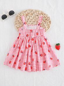 Cozy Pixies Cute Pink And White Striped Baby Girl Dress,Strawberry Pattern Decorated Ruffle Strap Bow Decor,Summer Picnic Holiday Casual Outing Chill Vacation - Multicolor - View 2