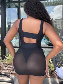 Alexandranx Summer Beach Cut Out Crisscross Tie Backless Halter One Piece Swimsuit With Beach Skirt - Black - View 2