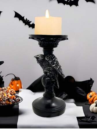 Goth 1 pieza Soporte de vela de cuervo de resina, decoración de mesa gótica, centro de mesa de fiesta de Halloween, accesorio de hogar de estilo victoriano, escultura de escritorio, decoración para fiesta, memorial, estilo oscuro, decoración del hogar