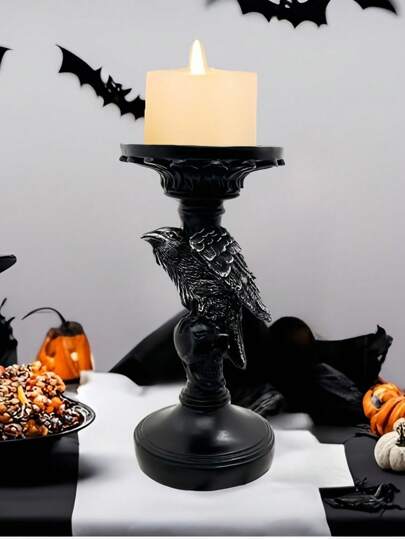 1pc Resin Crow Candle Holder Gothic Table Decor Halloween Party Centerpiece Vintage Mysterious Home Accessories Victorian Style Desktop Sculpture Wedding Memorial Display,Festival, Party Goth, Dark Style Decoration, Home Decoration