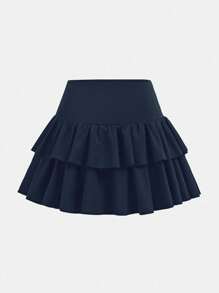 SHEIN Girlism 少女休闲装、运动装、学院风、返校装、黑色衬裙、层叠荷叶边下摆短裙、迷你裙、春夏季 - 藏蓝色 - 查看 3