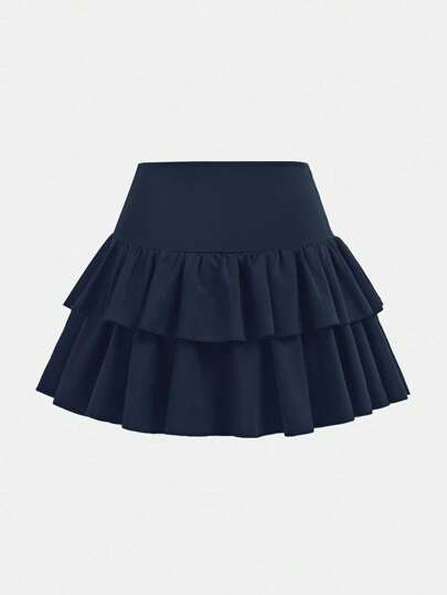 SHEIN Girlism Plain Navy Blue Short Layered Skirt For Teen Girls With Comfortable Fit Ruffle Kids Skirts Skort Cutecore Fall Winter
