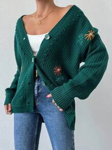 EURMUSE Women Embroidery Decor Simple Daily Wear Long Sleeve Knit Cardigan - Green - View 4