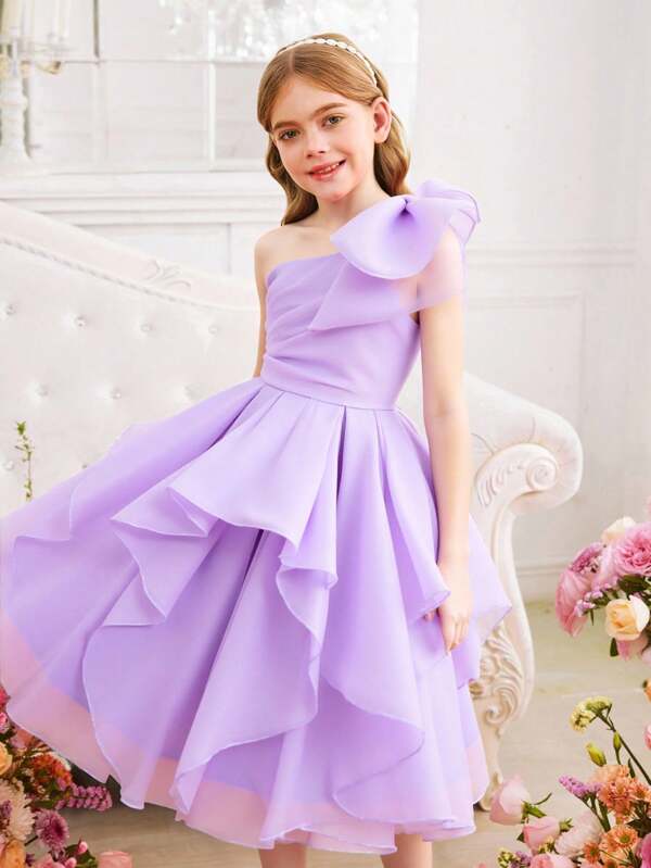 SHEIN Tween Girl Exaggerated Ruffled One Shoulder Big Bow Organza Dress