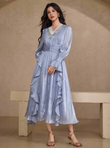 DAZY Đầm dài đính pha lê thanh lịch cho nữ - Màu xanh lam - Xem 7